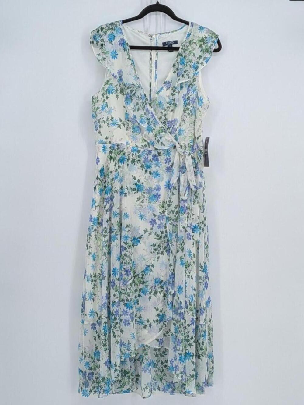 NEW Chaps Ralph Lauren $79 Size 12 White Blue Green Teal Floral Faux Wrap Dress - Picture 2 of 16